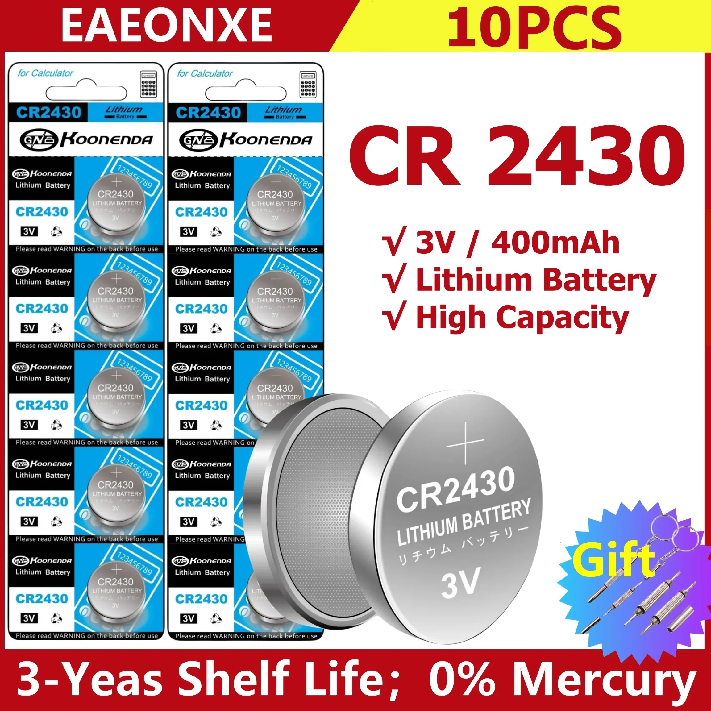 

10PCS CR2430 3V Lithium Battery 400mAh DL2430 BL2430 BR 2430 For Watch Toys Car Remote Control Scale Clock Button Coin Cells