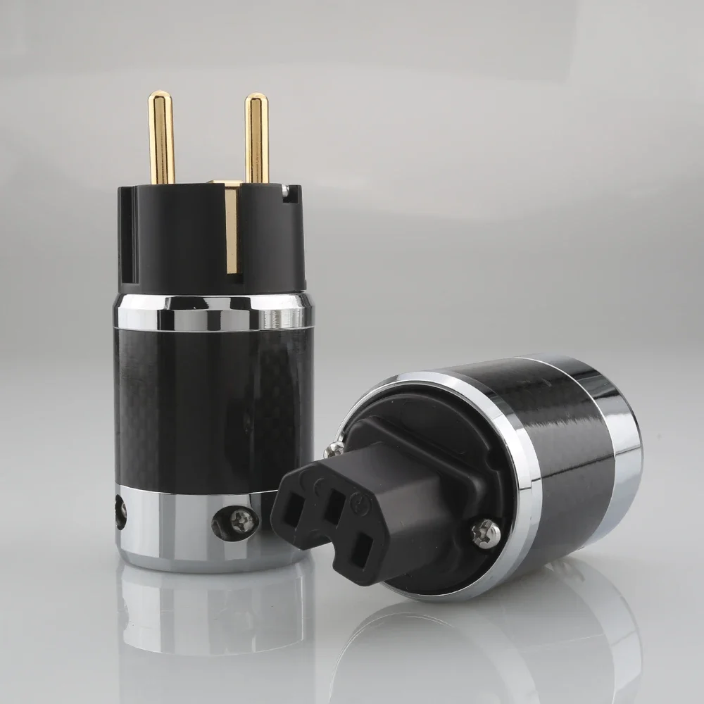 Pair Hi End Audiocrast CFG Unprinted Carbon Fiber Gold Plated Schuko EU Power Plug Connector IEC Female Connector