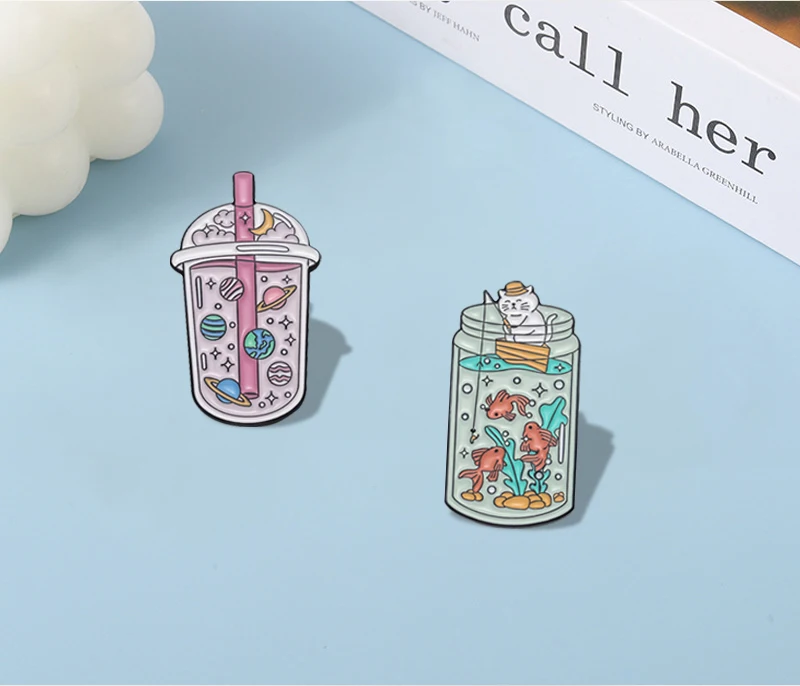 Kitten Cat Fishing Enamel Pins Custom Cosmic Planet Milk Tea Wishing Bottle Brooches Lapel Badges Jewelry Gift for Friends