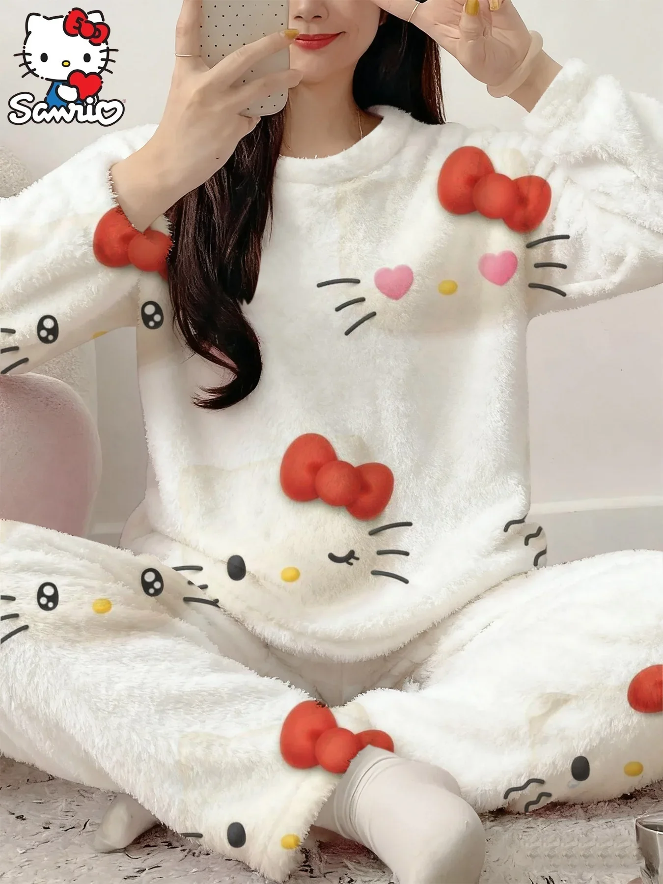 Hello Kitty 3D Bow Heart Cartoon Print Coral Fleece Pajama Set Soft Loose Winter Unisex 2Pcs Loungewear FamilyMatching
