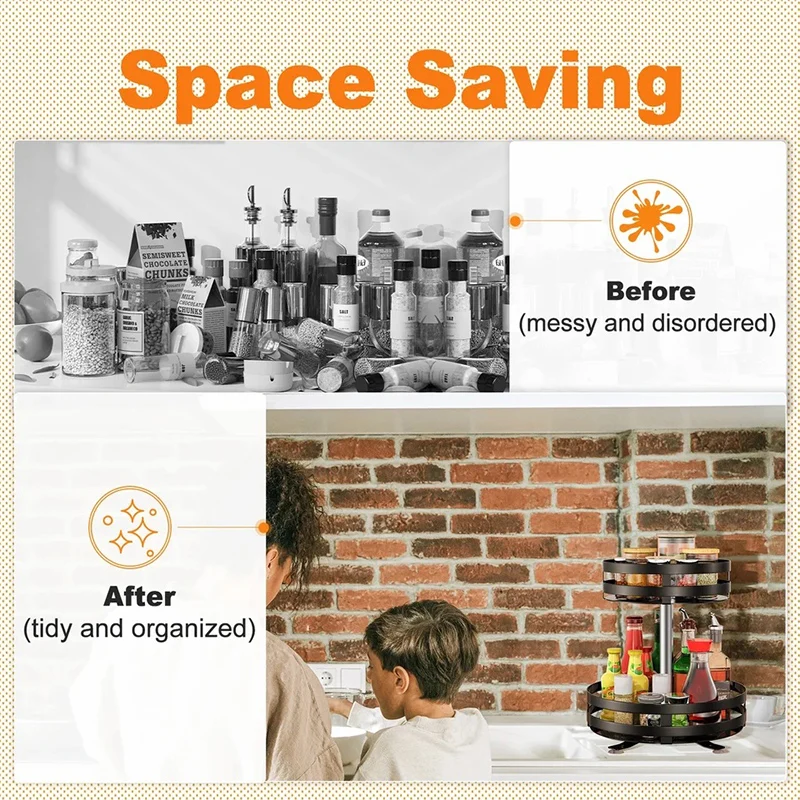 360°Rotation Spice Rack Organizer Non-Skid Carbon Steel Storage Tray for Seasonings and Spices Jar Cans Home Kitchen Accessories