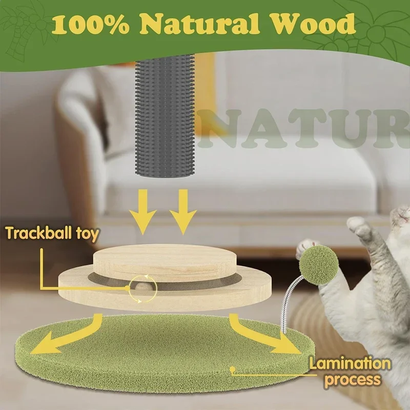 Cat Scratching Posts for Large Cats 90cm Tall Palm Tree with Self Groomer and Interactive Toy 100% Sisal Covered Cat Scratcher