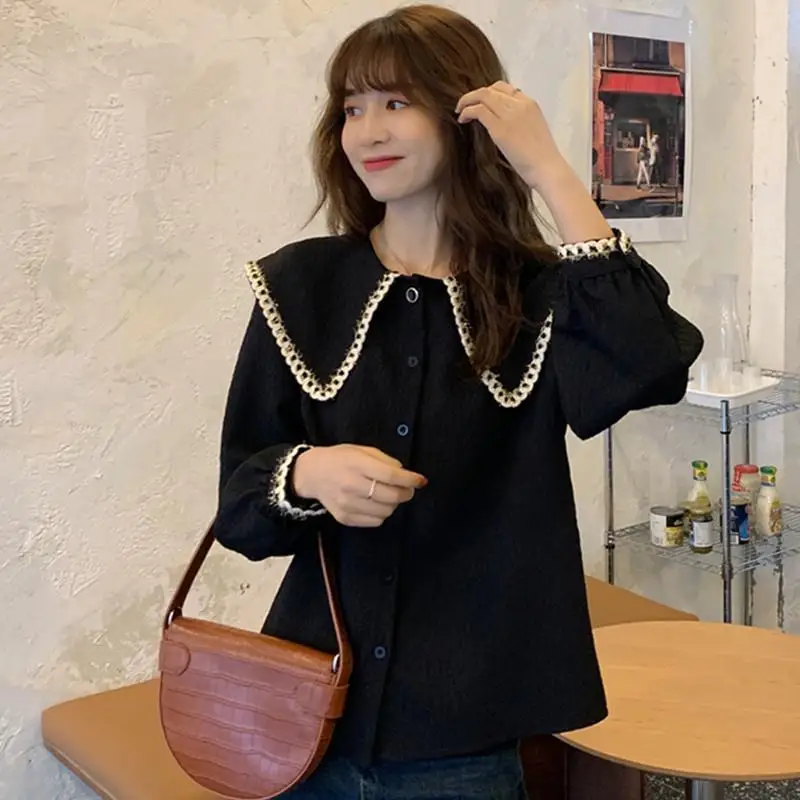 Shirts Women Lovely Vintage Prevalent Design Long Sleeve All-match Peter Pan Collar Autumn Elegant Stylish Tender Korean Style