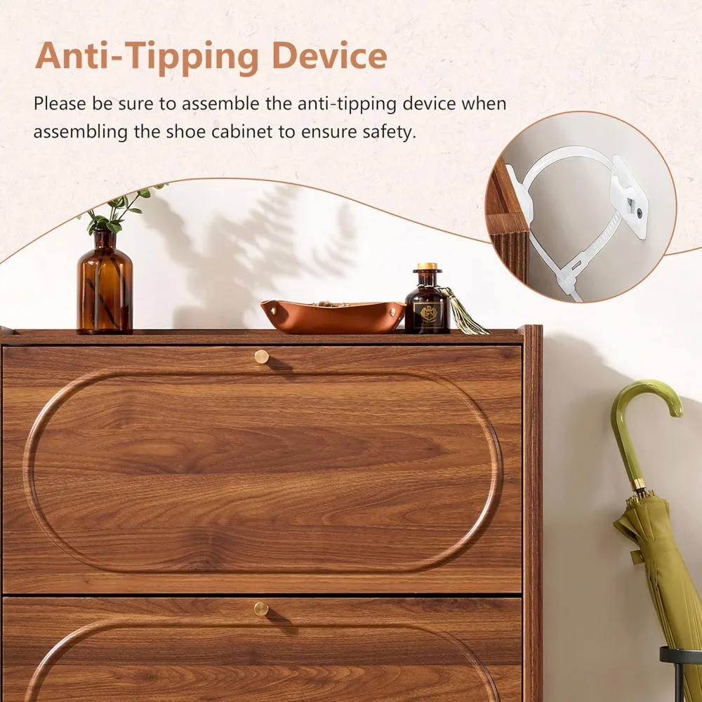 신발 수납장 2개의 플립 서랍이 있는 나무 좁은 신발장 현관용, 플루티드 숨겨진 신발 정리함