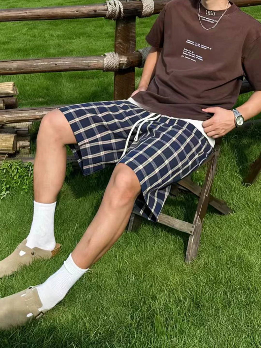 

Lightweight Summer Bubble Silk Beach Pants Men's Casual Plaid orts Spor Five-Quarter Length Loose Fit Ciwalk Suitable
