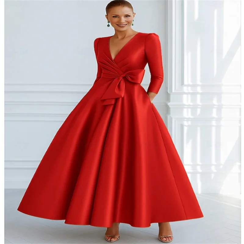 Vestido de noche largo rojo para mujer, vestidos de fiesta elegantes de línea A, vestido de fiesta de manga larga con cuello en V 2025, personalizado