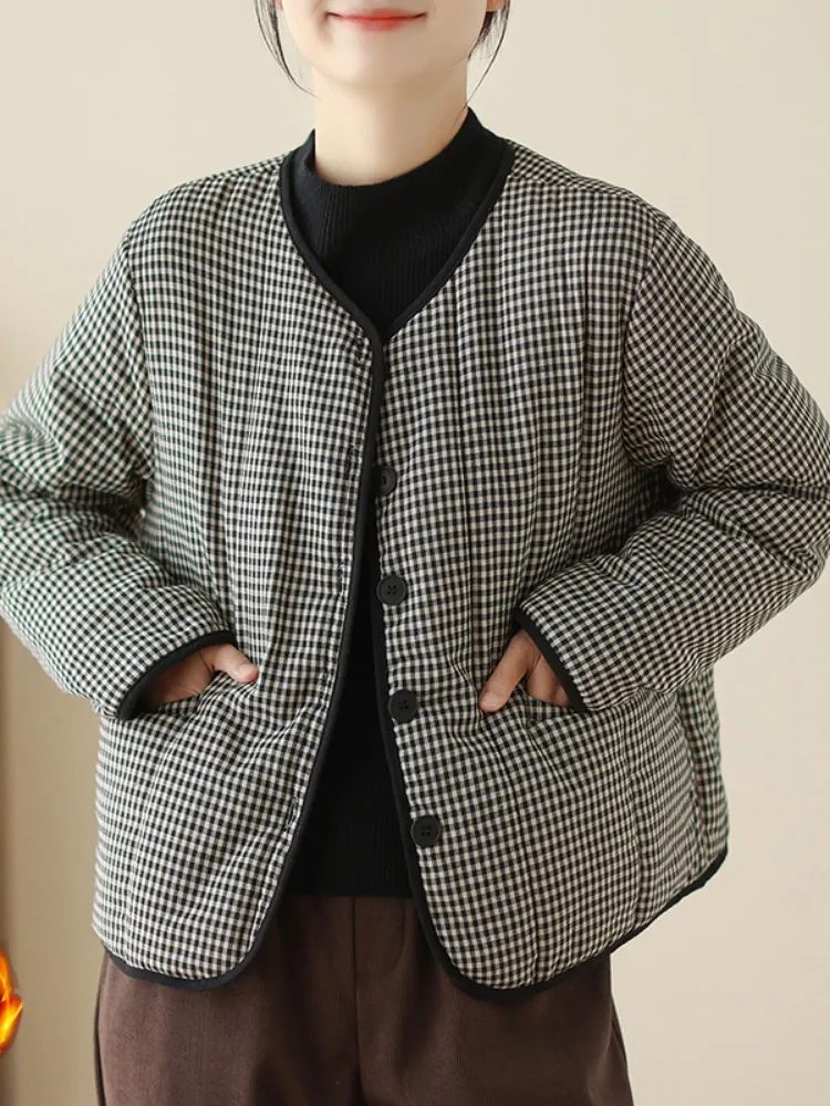 Thickened Cotton Quilted Outerwear Women's Winter Coat Artistic Plaid Loose Fit Home Wear Long Sleeve Button up Warm Coat 3