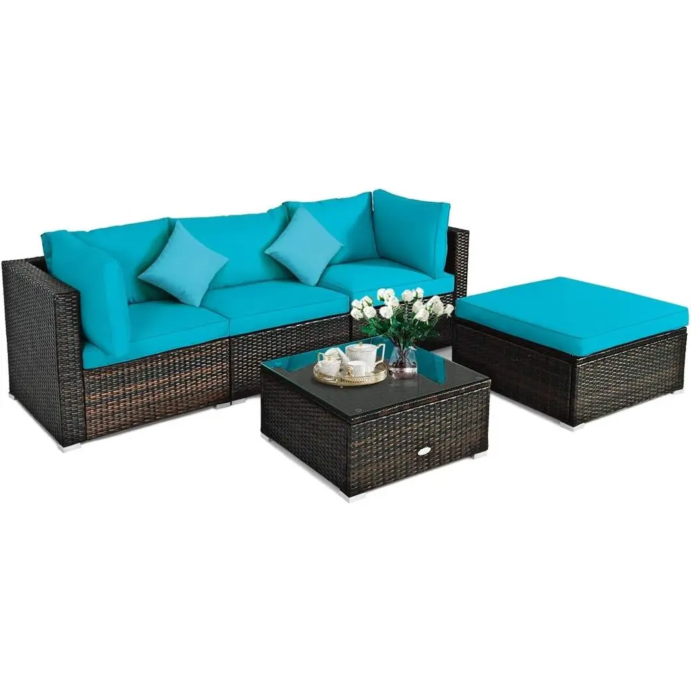 

Outdoor Wicker Patio Sectional Set with Ottoman, Coffee Table, Cushions, and Pillows for Garden, Lawn, or Balcony