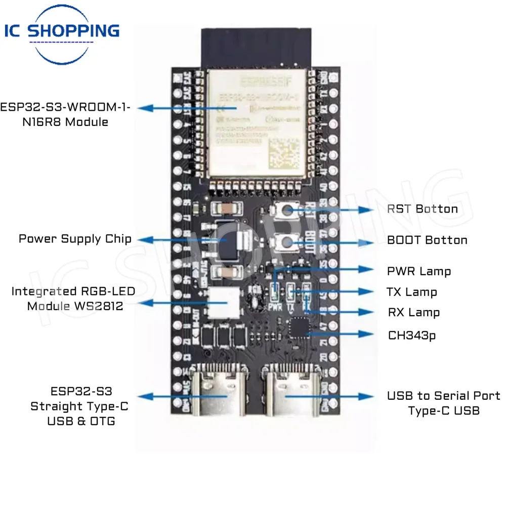 3~10PCS ESP32 S3 WROOM 1 WiFi Bluetooth Development Board 16MB Flash 8MB PSRAM 44 Pin Type C for Arduino IDE N16R8 N8R2