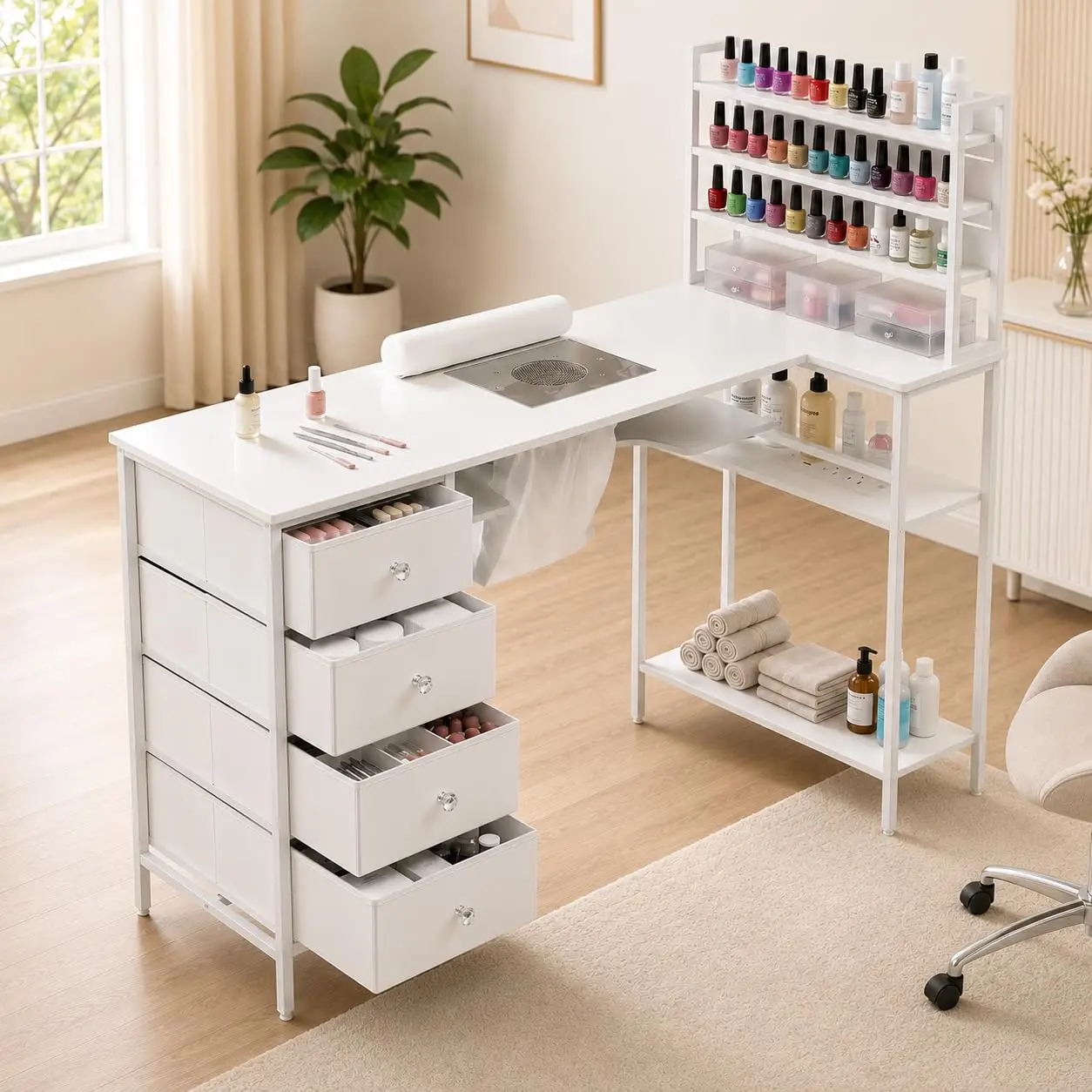 Manicure Table with Dust Collector and Power Outlet, 47.2-Inch Nail Desk with 4 Fabric Drawers, Open Shelves, Tiered
