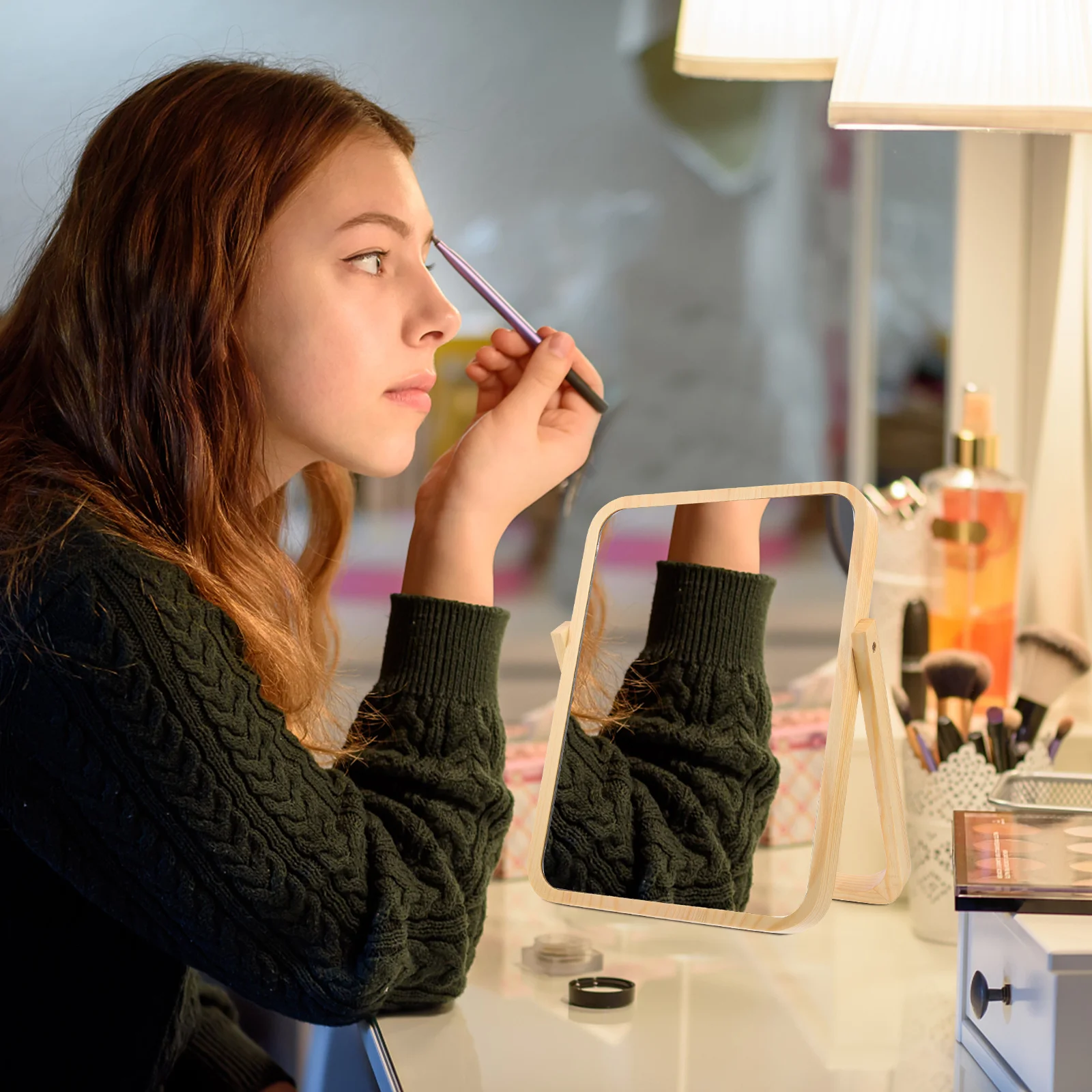 โต๊ะทำงาน กระจกแต่งหน้าแบบหมุนได้ กระจกตั้งโต๊ะ ความคมชัดสูง สะท้อนแสงได้ชัดเจนสำหรับห้องนอน