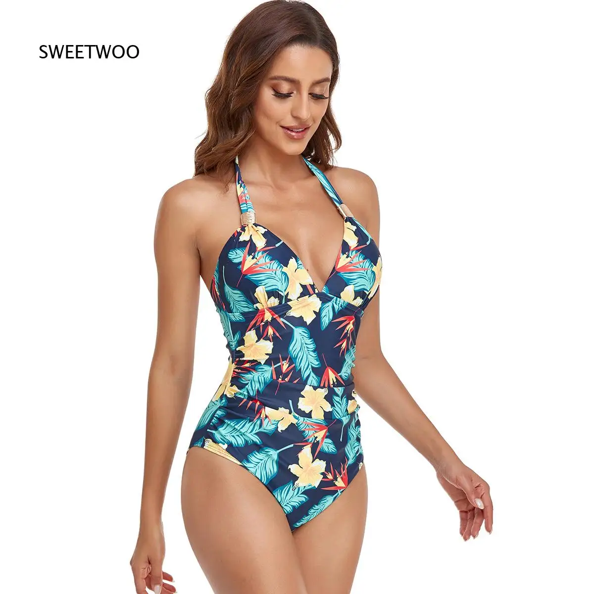 Women One Piece Halter Swimsuit Deep V Neck Ruched Tummy Control Bathing Suit With Multiple Floral And Solid Color Options