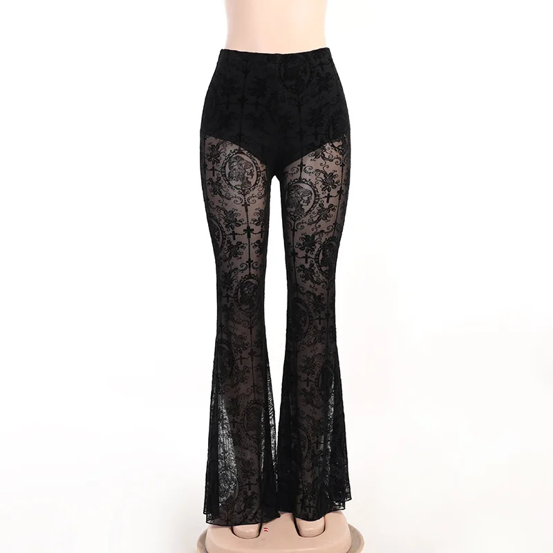 Women's Summer New Dark Casual Pants Sexy Slim Printed Lace Design High Waist Flare Trousers