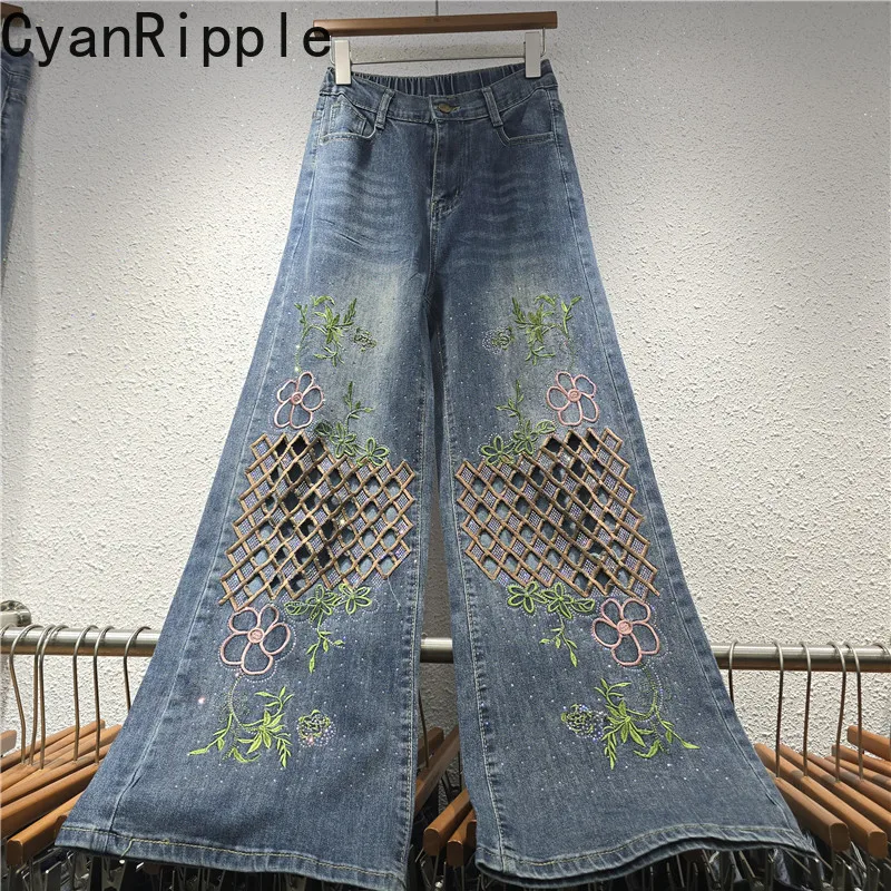 New Spring Autumn Loose Women Jeans Hot Diamonds Hollow Out Embroidery High Waist Mopping Floor Casual Wide Leg Denim Pants