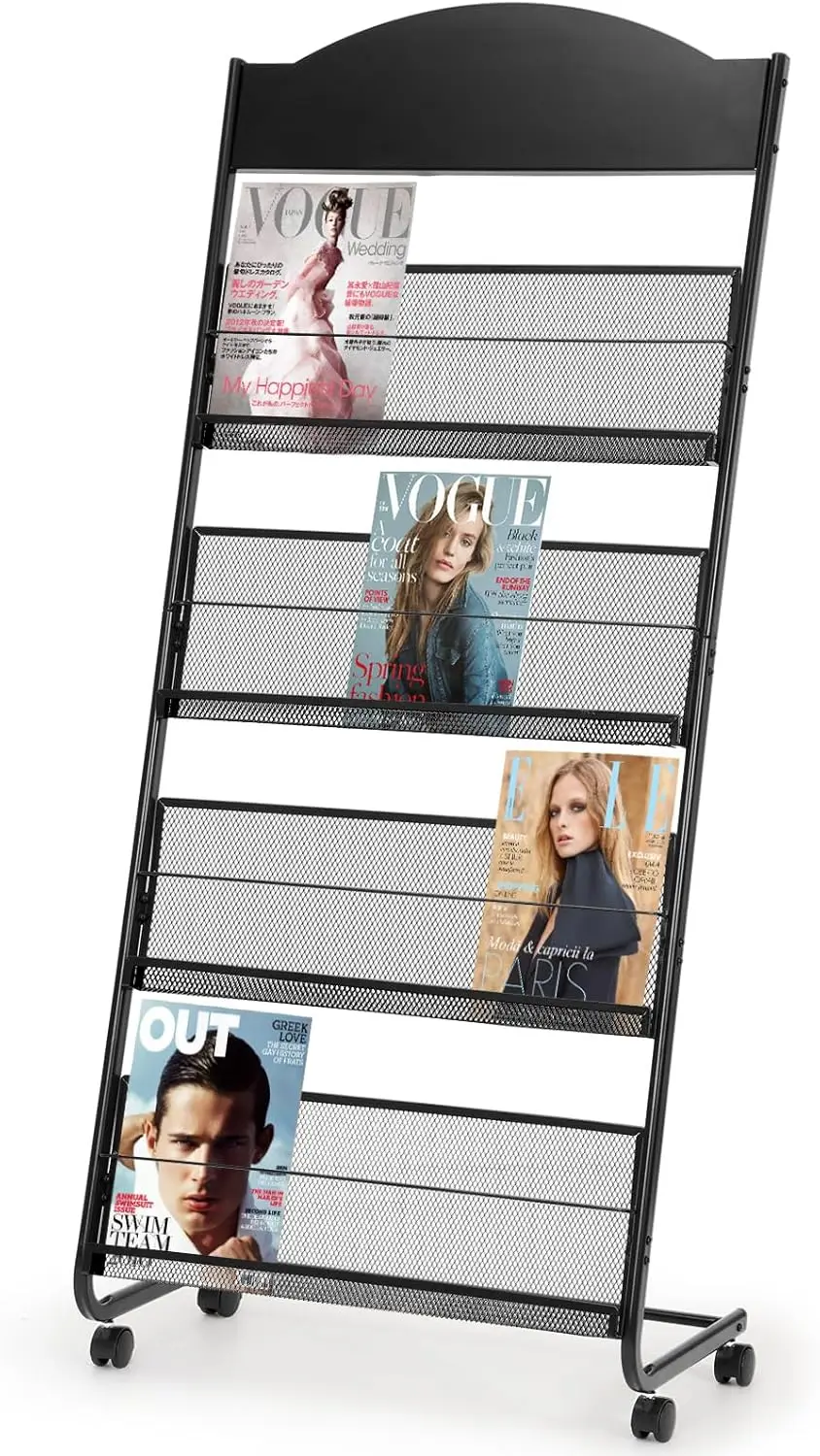 

Granville Floor Brochure Stand with 4 Wheels, 4 Pockets Magazine Rack Display Holder in Black