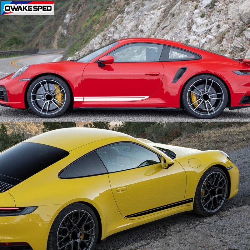 2PCS Racing Sport Stripes For Porsche 911 Cayman Boxster 718-Carrera-S GT3 RS Car Body Door Side Decor Sticker DIY Vinyl Decals