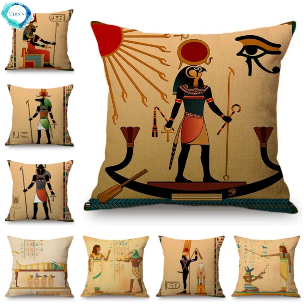 

Ancient Egypt Painting Art Cotton Linen Cushion Cover Animal Face Warrior Pharaoh King Queen Worship Print Sofa Throw Pillowcase