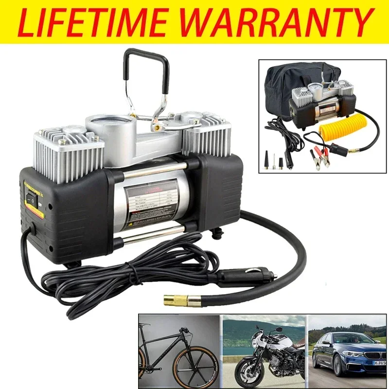 12V Double-cylinder Tire Inflator with Pressure Gauge Poric Car Metal Air Injector DC Mini Car Compressor Bicycle Pump Camping