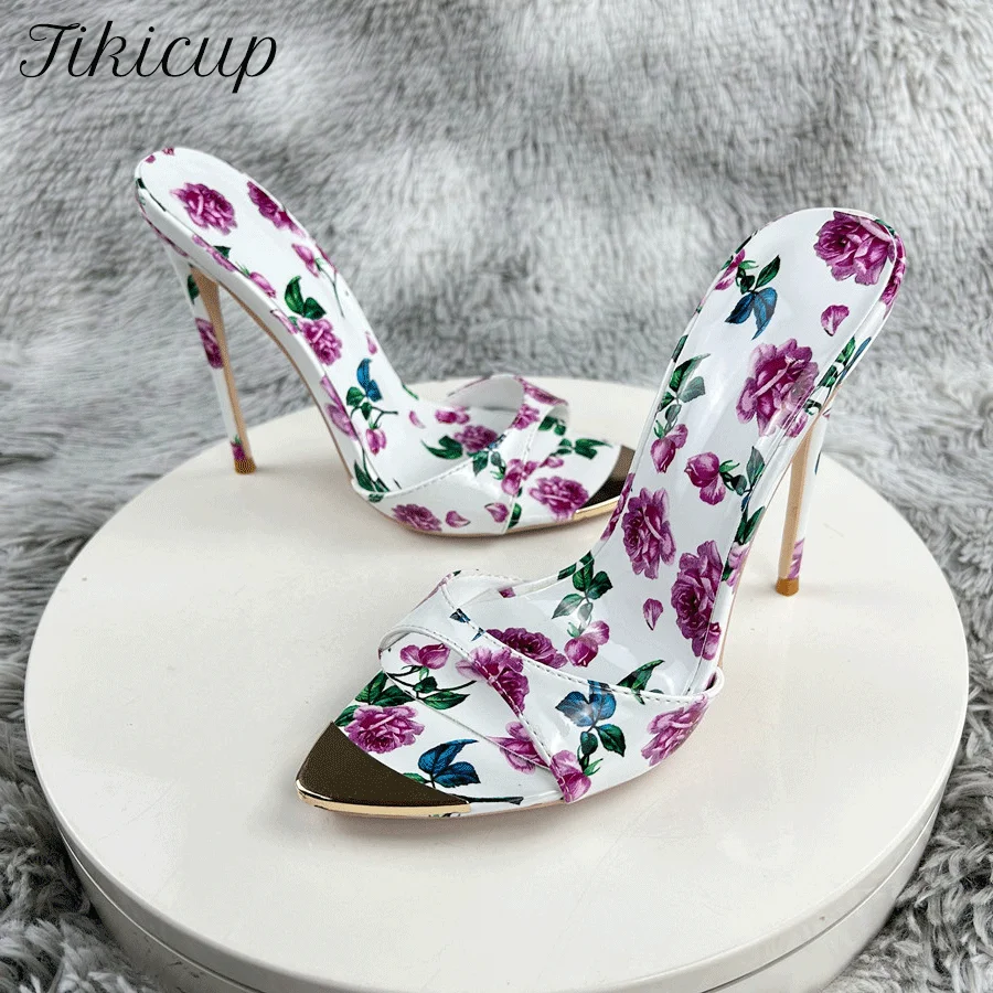 Summer sandalias de mujer 12cm Women\'s Sexy Flower Printed Slipper High Heels Sandal Pointed Toe OL Ladies Vacation Dress Shoes