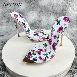 Summer sandalias de mujer 12cm Women's Sexy Flower Printed Slipper High Heels Sandal Pointed Toe OL Ladies Vacation Dress Shoes