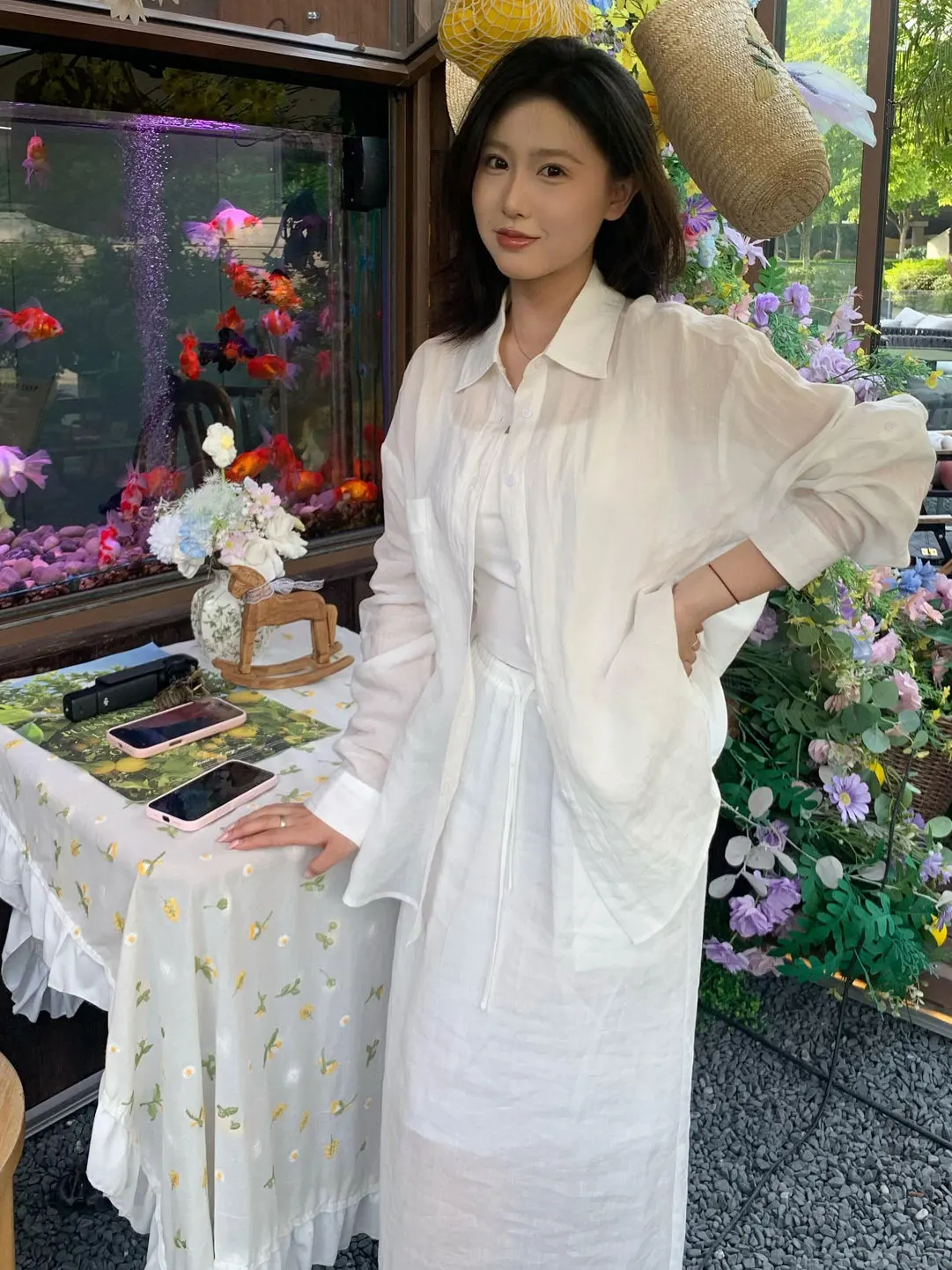 

White Long Sleeve Shirt Women's Fashion High Waist Straight Tube Skirt Set Spring New Style Breathable Comfortable Two-Piece ...