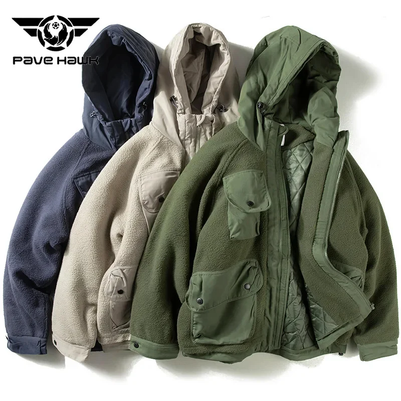 

Outdoor Multi Pocket Cargo Cotton Jacket Men Loose Windproof Warm Fleece Patchwork Jackets Casual Sports Hiking Coat Male