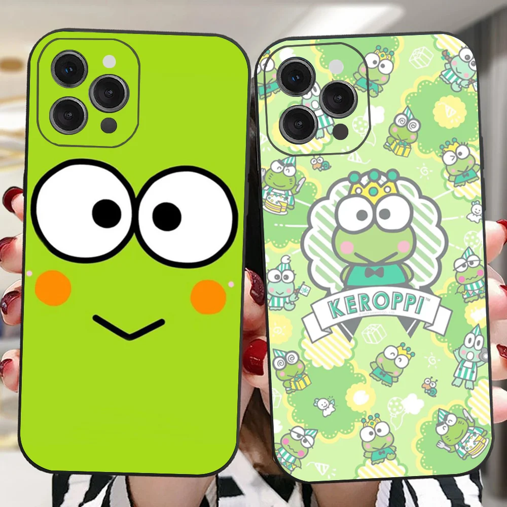 Cartoon K-Keroppi Green Frog Phone Case For IPhone 16 15 14 13 Pro Max 11 12 Mini X Xs XR Se 2022 Black Silicone Cover