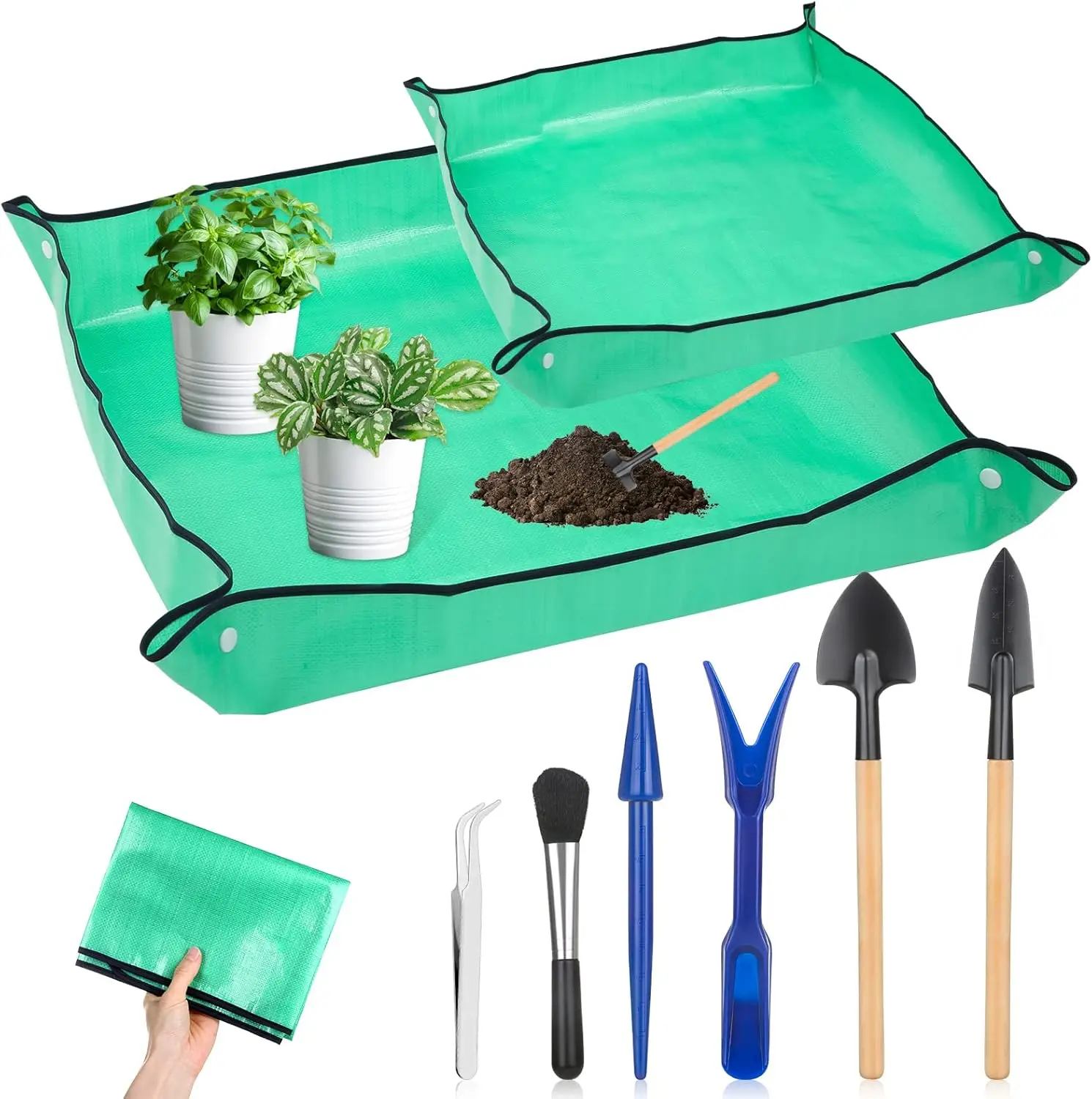 

2-Pack Waterproof Plant Repotting Mat with 6 Mini Garden Tools, Foldable Indoor Gardening Tray for Plant Lovers