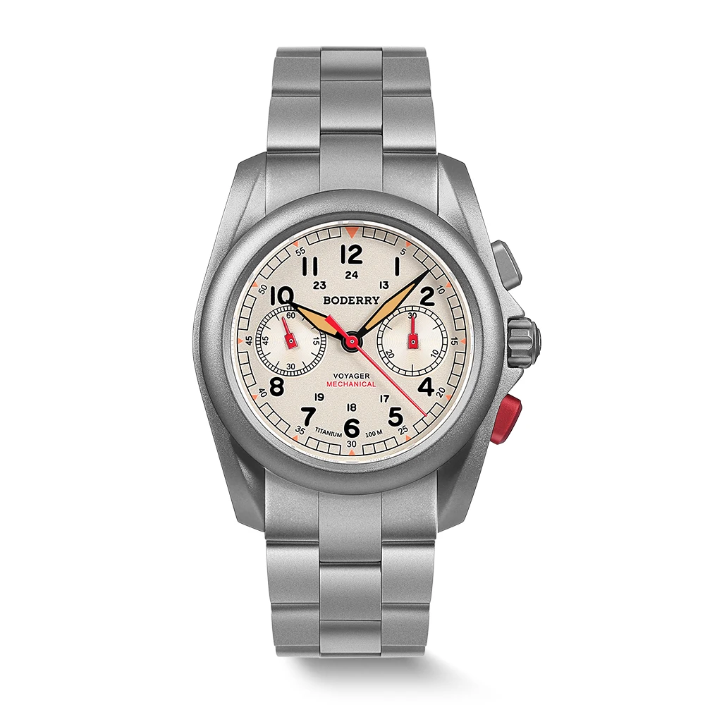 BODERRY Men Automatic Watch 40MM Pilot Titanium Chronograph Mechanical Wristwatch 10ATM Waterproof Sapphire Luminous ST19