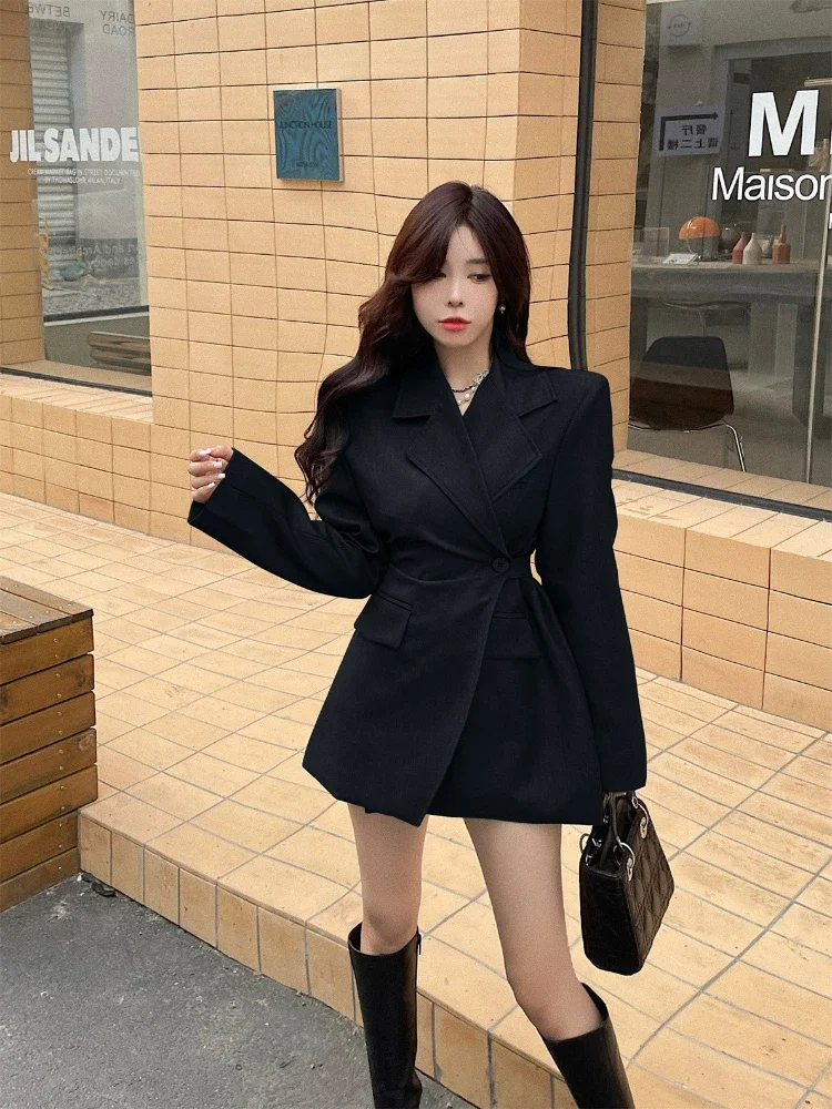 UNXX  Korea Chic Temperament Black Blazer Women Autumn 2022 New Loose Single Breasted Irregular Long Sleeve Suit Jacket Coats