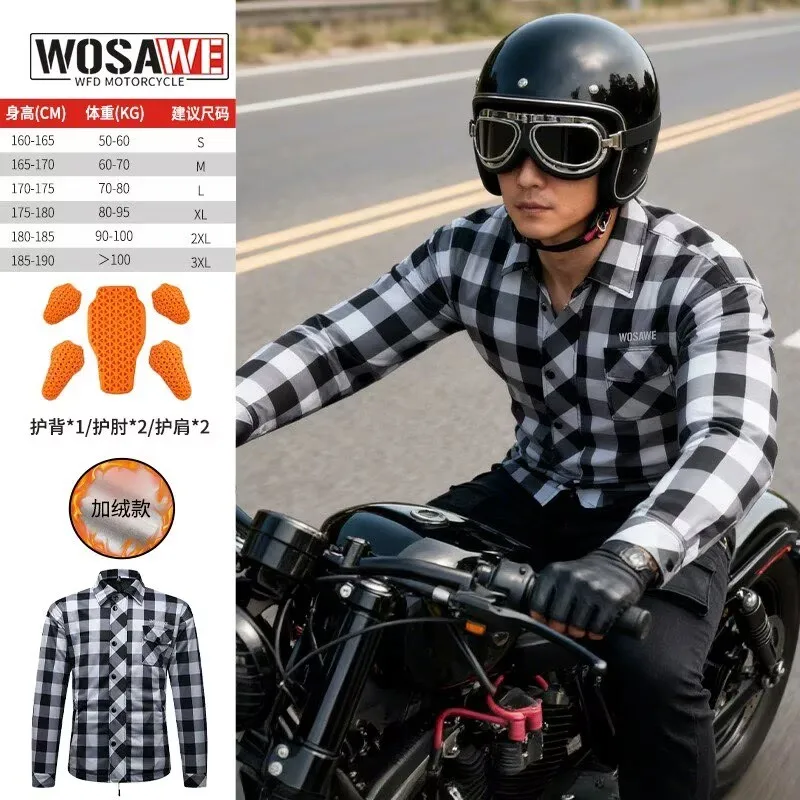 

Motorcycle Riding Jacket Winter Warmth Motorcycle Checkered Shirt Casual Retro Riding Shirt With CE Protective Gear Fleece
