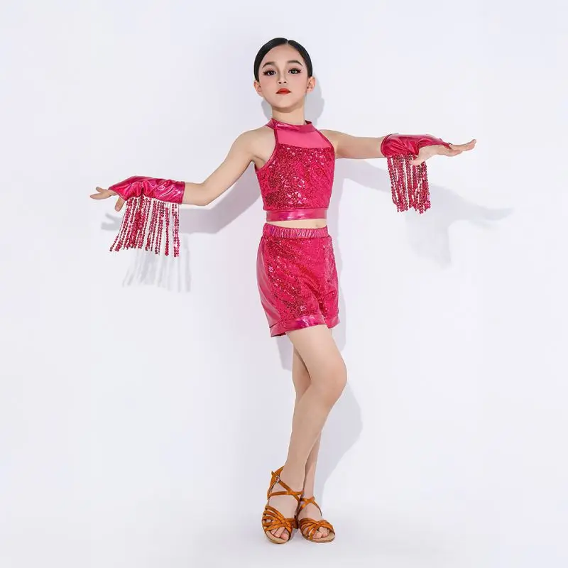 

Детский костюм для латинских танцев для девочек, укороченный топ без рукавов с шортами, танцевальная одежда с кисточками и рукавами