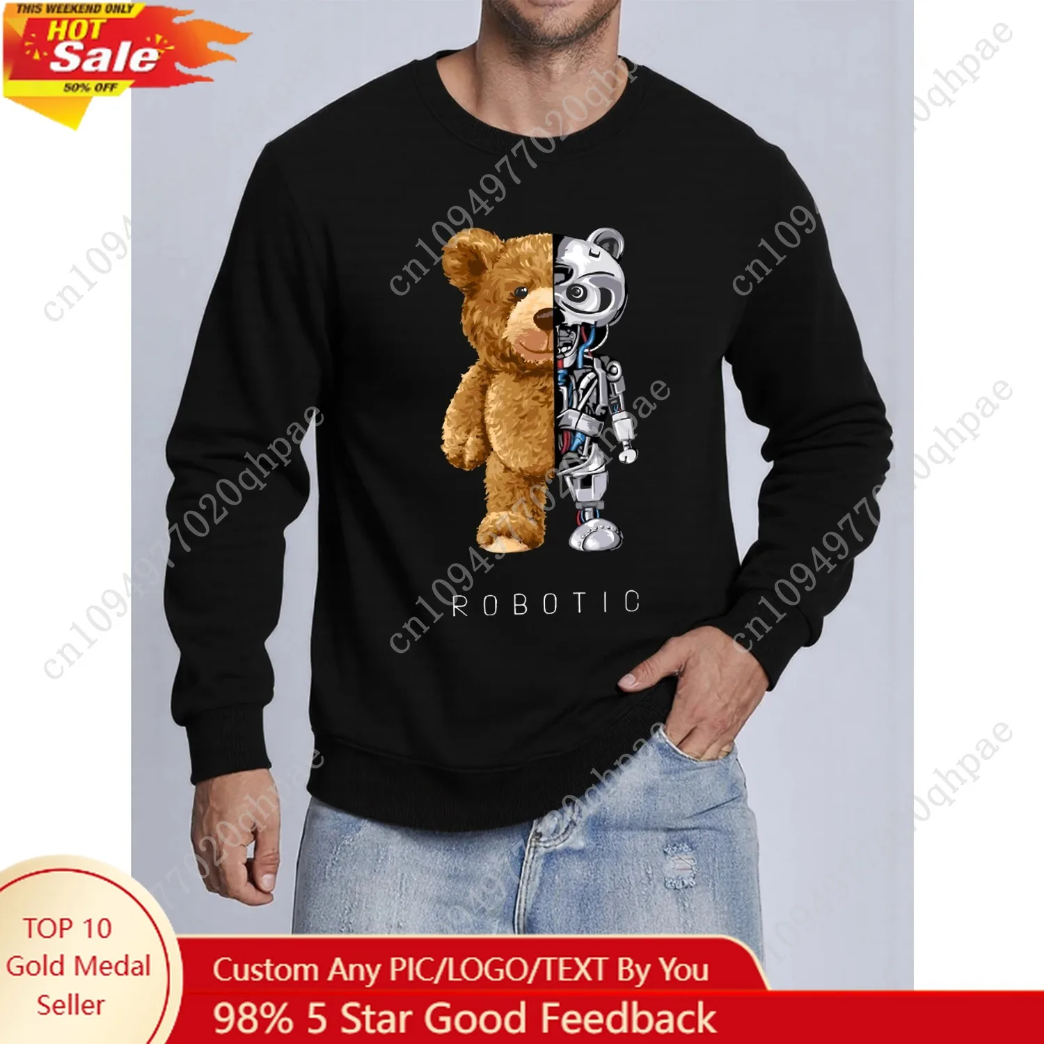 Plush And Robotic Bear Printed Mens Pullovers Autumn Casual Sweatshirt Comfortable Y2K Sportswears Hot Sale Casual Sweatshirts