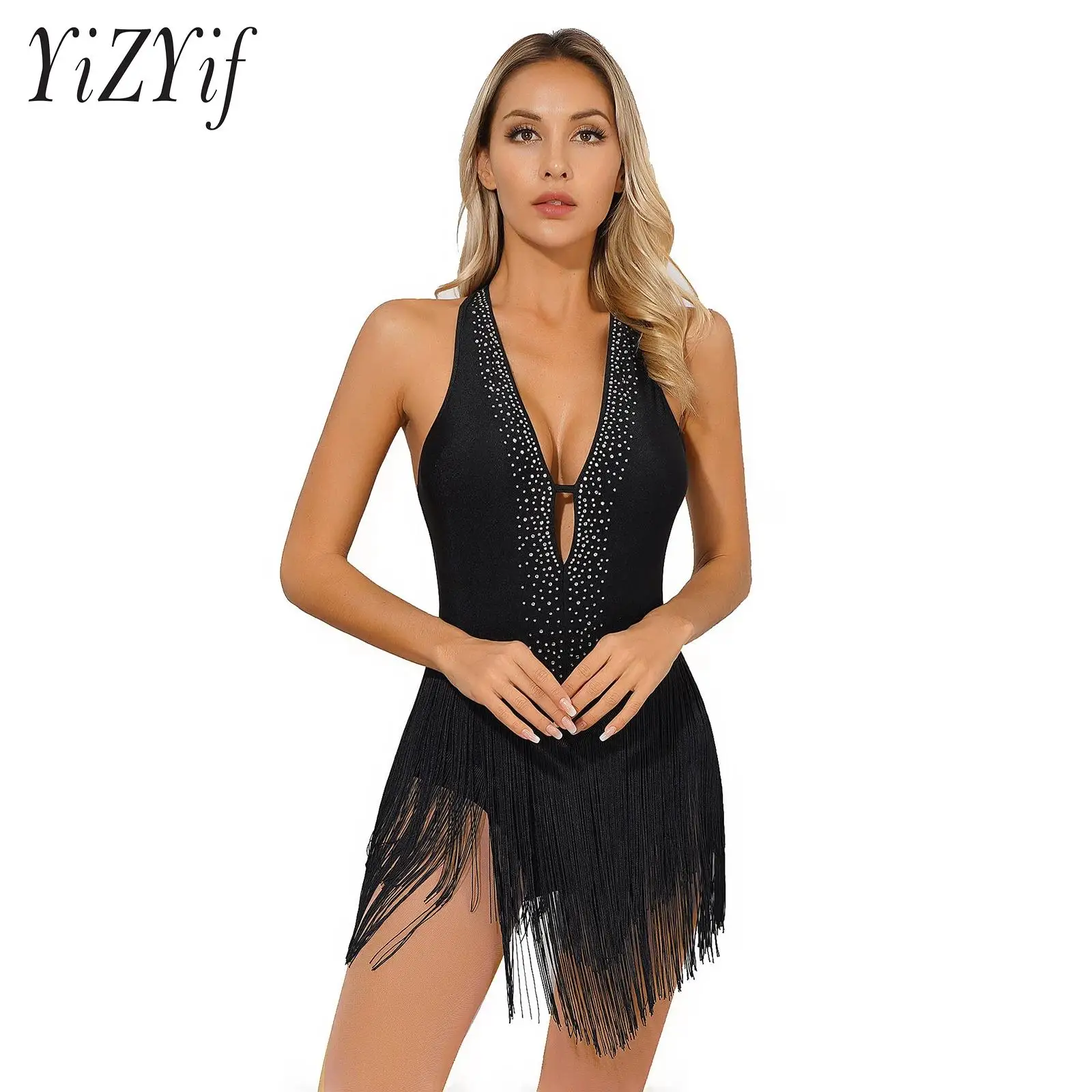 

Women Sexy Latin Dance Leotard Glittering Rhinestone Tassel Dresses Deep V Neck Backless Bodysuit for Stage Performance Costume