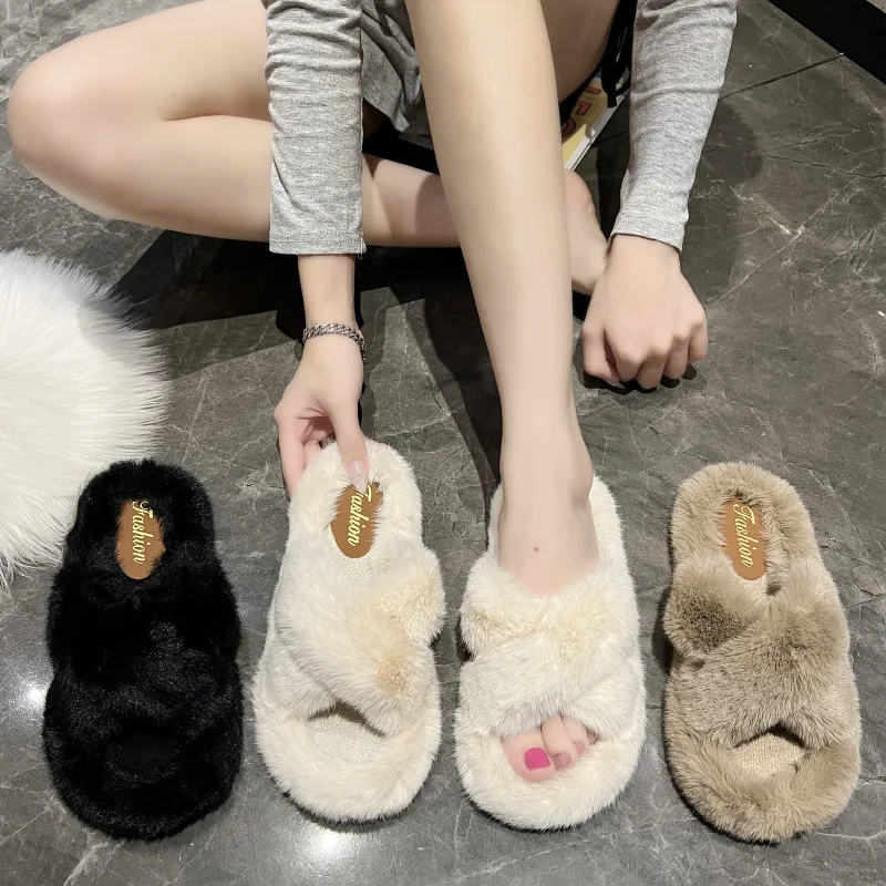 2023 Winter Women Home Indoor Casual Slippers Female Flip Flops Fluffy Shoes Cross Design Slides Ladies Soft Warm Plush Slipper