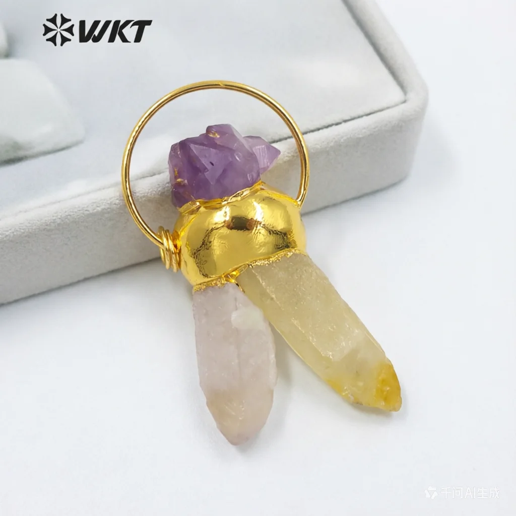 

WT-P1693 WKT Новый дизайн, натуральный желтый кварцевый камень с аметистами, ручная работа, подвеска в стиле бохо, женский кулон с кластером необработанных камней.