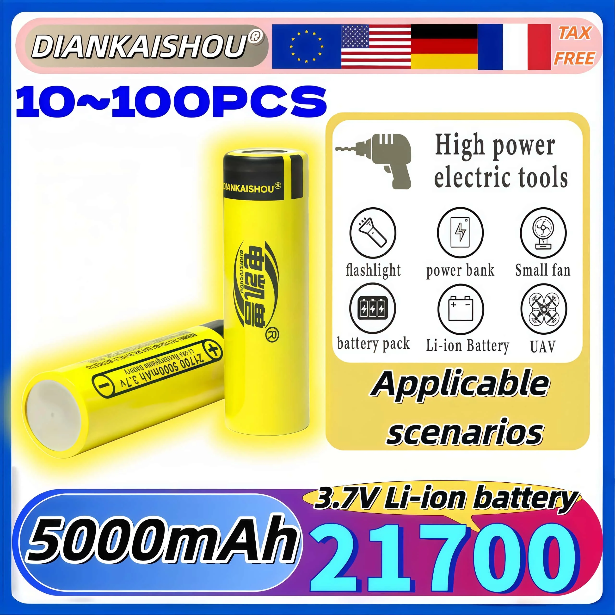 

Lithium Ion Rechargeable Battery 21700 5000mAh 3.7V 10-100pcs 10C discharge High Power batteries -45 ° low-temperature battery