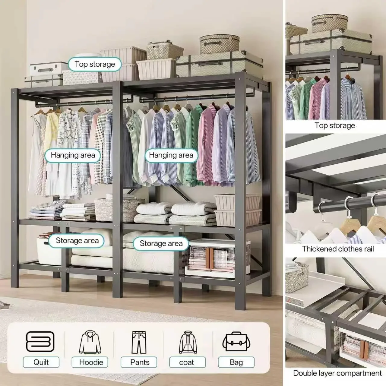 Foldable Portable Wardrobe Closet with Magnetic Doors & Cover, Heavy Duty Covered Clothes Rack with Hanging Clothing Rod, Metal