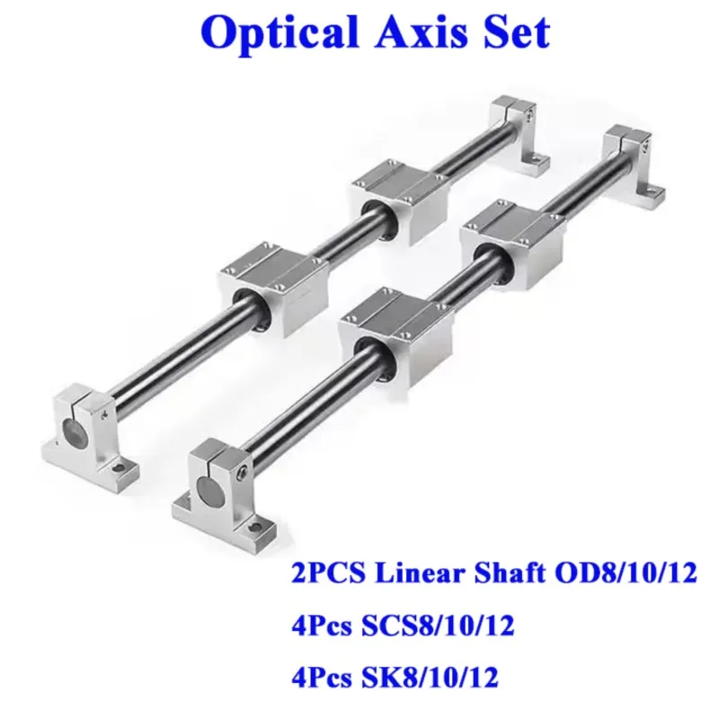 Optical Axis Linear Shaft Set with SCSUU Bearing Blocks & SK Shaft Supports, 2PCS Precision Rods (OD8/10/12/16mm, 300-500mm) & 4