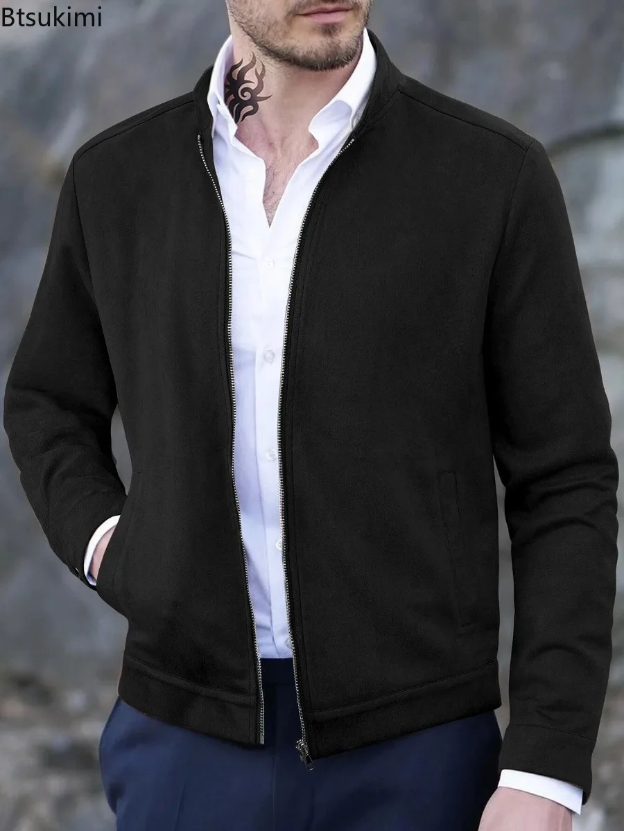 New Style Men's Slim Stand Collar Cardigan Jackets Autumn Winter Business Casual Zipper Pocket Coats 2025 Men Clothing Jackets