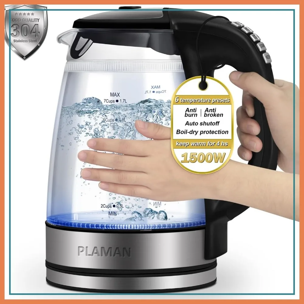 

Electric Kettle 1.7L with 6 Temperature Settings, Double Wall Cool Touch, Fast Boil 1500W, Keep Warm 4H, Borosilicate Glass