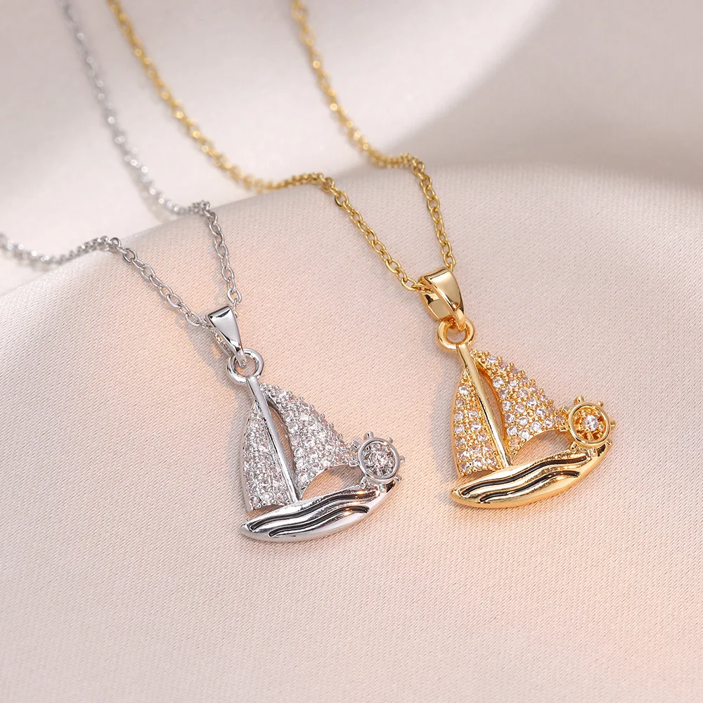 Fashion Simple Sailboat Zircon Pendant Necklaces for Women Girls Stainless Steel Jewelry Accessories Gifts for Lover