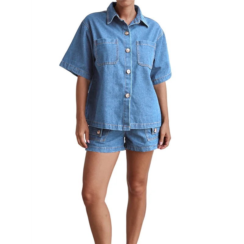 

ASDS-Womens 2 Piece Outfits Short Sleeve Button Down Crop Blue Jean Shirts High Waist Denim Shorts Sets