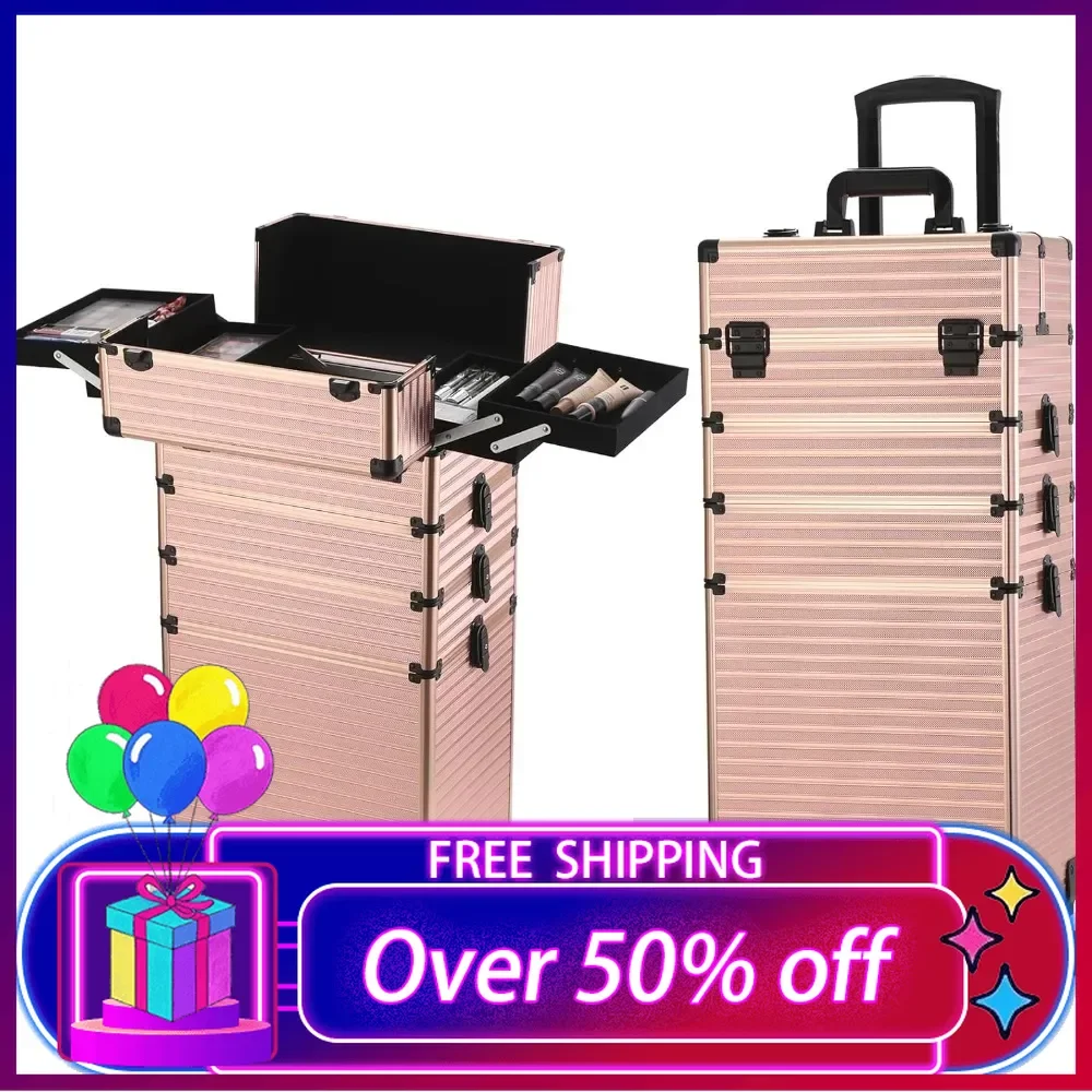 

5-in-1 Rolling Makeup Case - Professional Cosmetic Organizer Trolley with Large Storage,Detachable Wheels, Lockable Travel Trunk