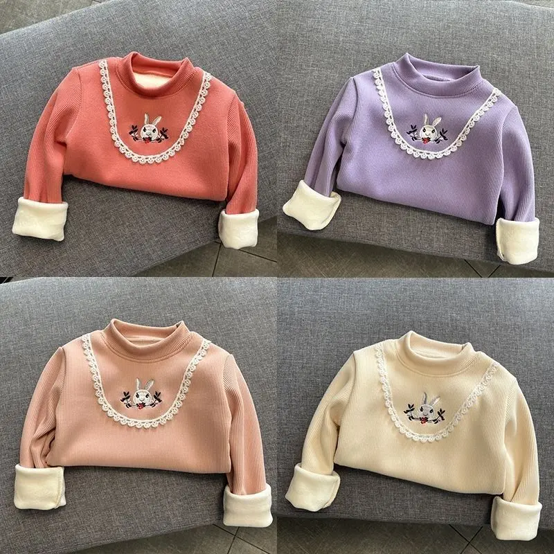 

Baby Girls Long Sleeved T-shirt Kids Thick Tops Cartoon Pullover Fall Winter Children's Warm Fleece Clothes