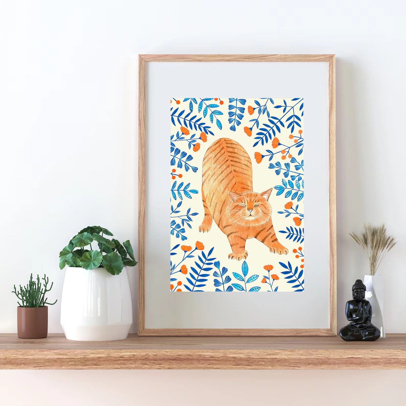 Ginger cat wall art, Floral art print, Orange cat painting, Kitten illustration, Animal artwork, Nursery prints, Flowers wall de