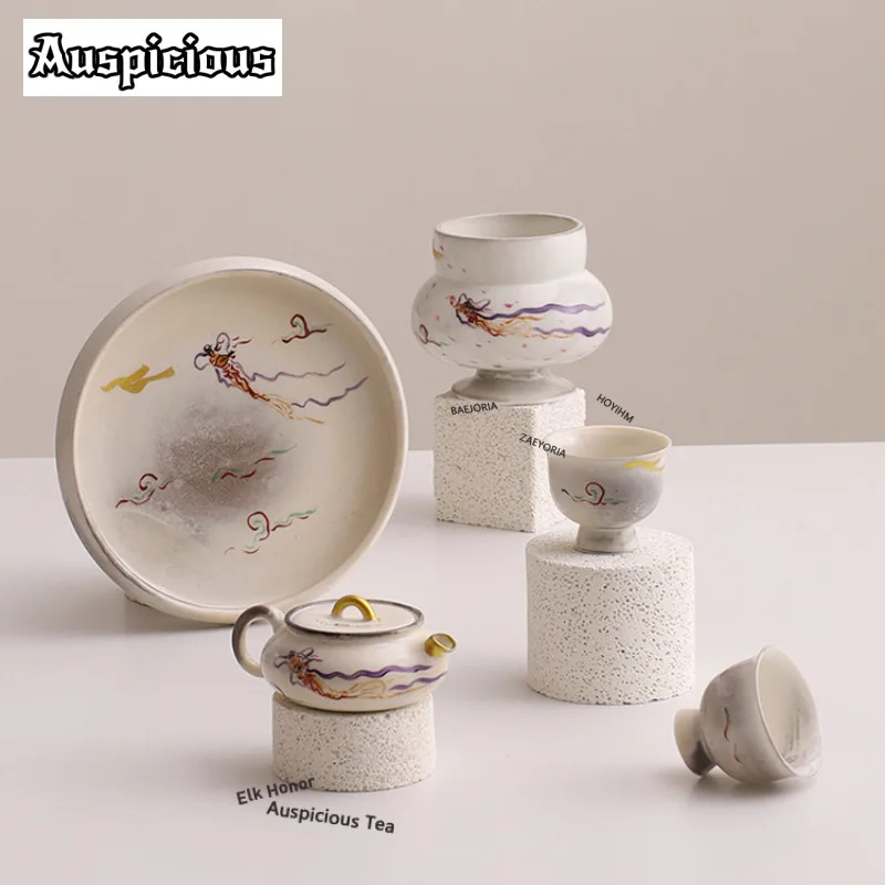 Ink Painting White Dunhuang Flying Angel Teapot Handmade Tea Infuser Pot Tea Soaking Kettle with Strainer Tea Ceremony Ornaments