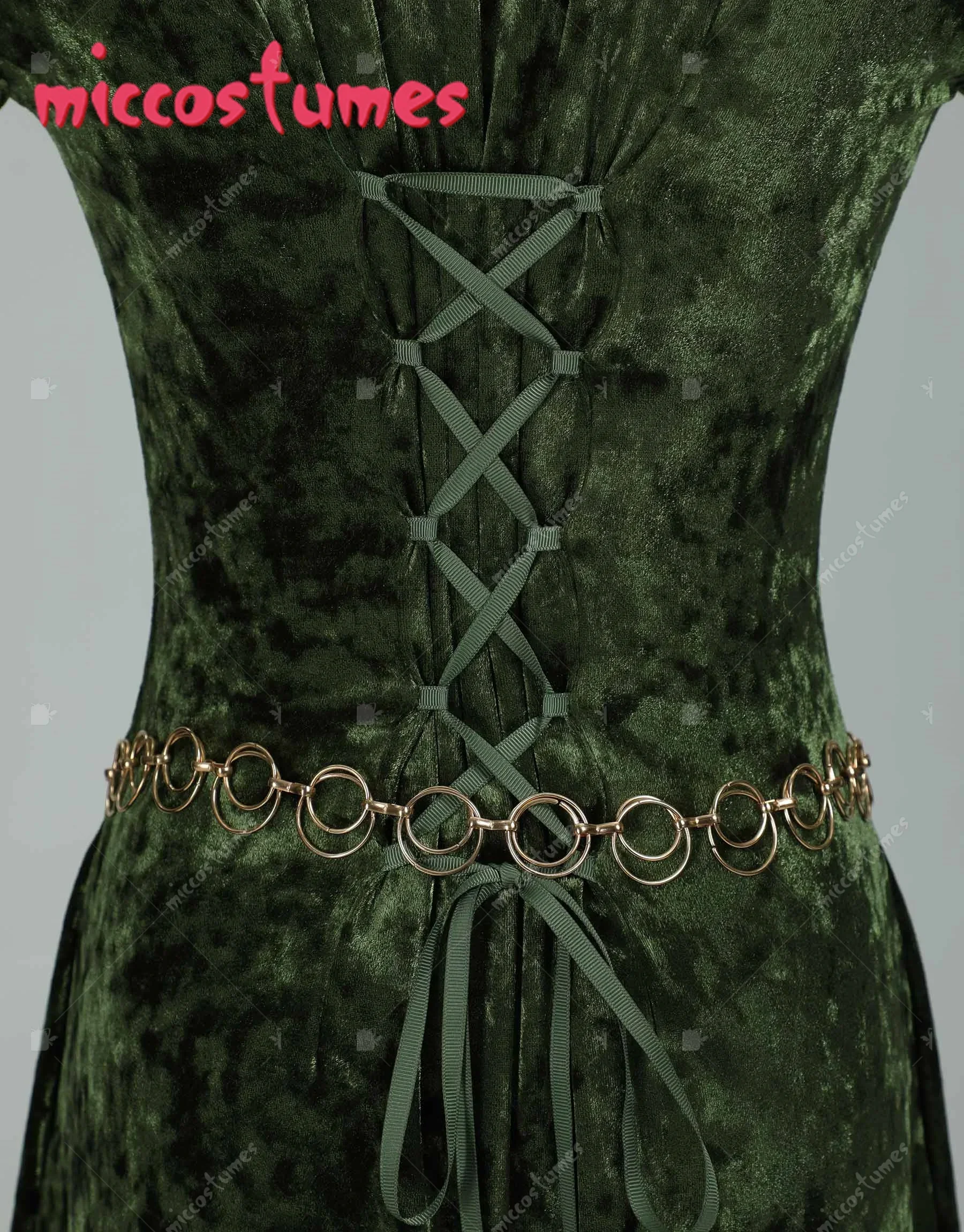 MICCOSTUMES عصر النهضة القرون الوسطى نمط Elinor مشتق طويل الأكمام واسعة فستان أخضر مخملي وسلسلة الخصر تأثيري حلي