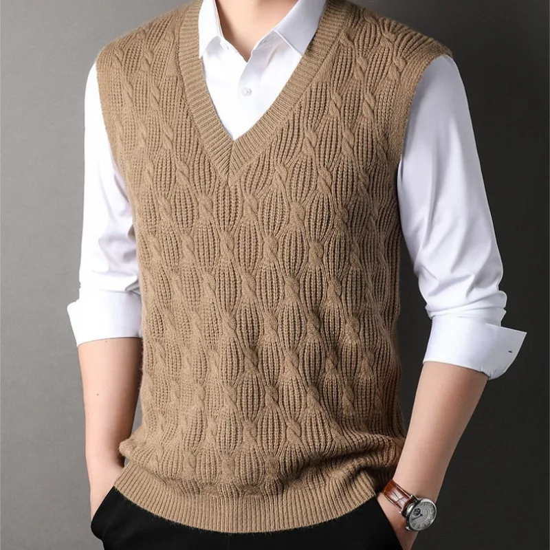 V Neck Warm Sweater Man Solid Color Knit Vests for Men Thick Waistcoat Top Open Smooth Korean Style Knitwear Woven High Quality