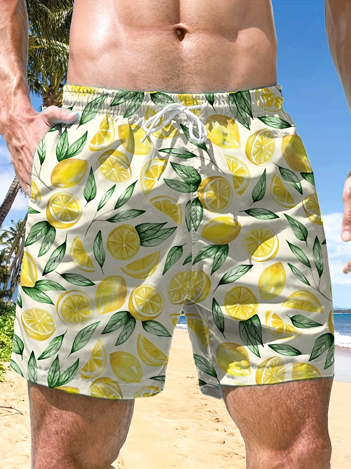 

Men's Summer White Yellow Lemon & Green Leaf Print Quick Dry Swim Shorts, Drawstring Beach Trunks with Pockets